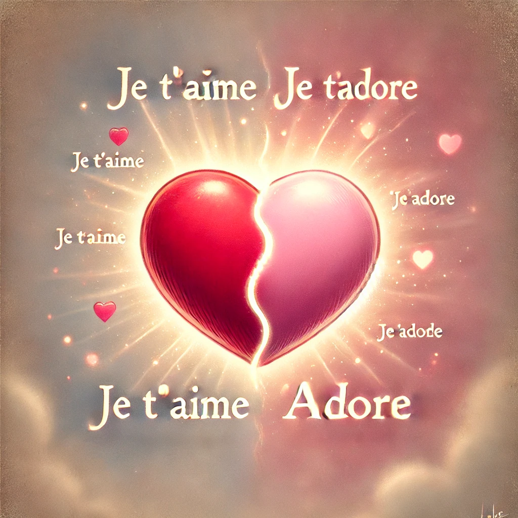 Une illustration romantique représentant deux cœurs côte à côte, chaque cœur comportant un mot différent : l'un avec "Je t'aime" et l'autre avec "Je t'adore".