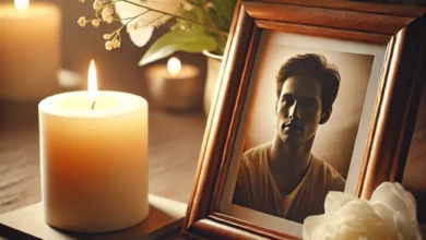 image représentant un mémorial paisible avec une photo encadrée d’un père, une bougie allumée et des fleurs blanches, créant une atmosphère sereine et réfléchie
