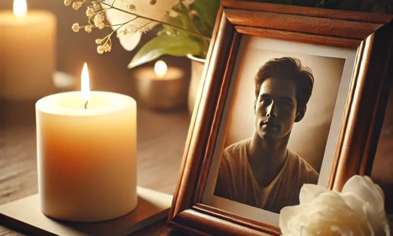 image représentant un mémorial paisible avec une photo encadrée d’un père, une bougie allumée et des fleurs blanches, créant une atmosphère sereine et réfléchie