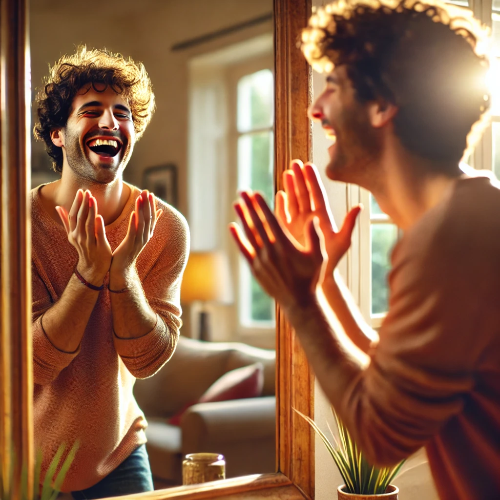 Personne joyeuse se félicitant devant un miroir, avec un grand sourire, dans une ambiance chaleureuse et colorée.