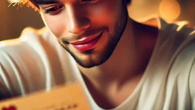 un homme tenant une lettre déclaration d'amour avec une expression rêveuse et tendre