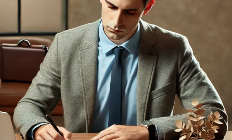 Employé en deuil rédigeant une demande de congé pour décès à son bureau, avec un ordinateur portable et une lettre imprimée