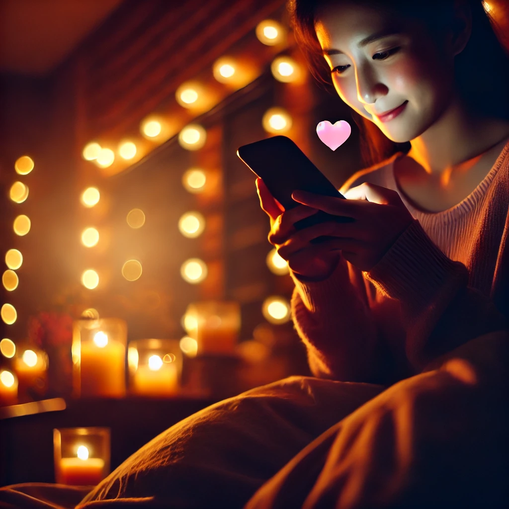 Une scène romantique de nuit avec une personne tenant un téléphone, écrivant un message à son crush dans une ambiance chaleureuse et intime.