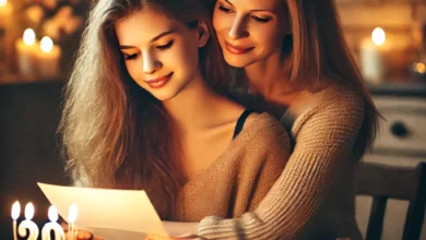 une image illustrant une scène chaleureuse entre une mère et sa fille de 20 ans, célébrant un anniversaire avec amour et émotion.