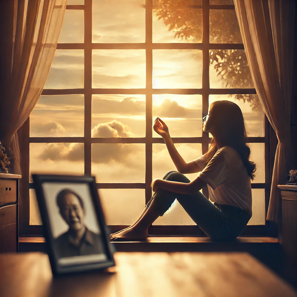 Personne assise près d'une fenêtre, regardant le ciel avec nostalgie, une photo de son père posée sur la table à côté.