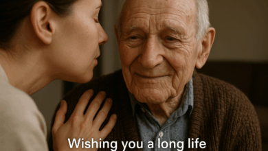 Une personne jeune souhaite une longue vie à un homme âgé avec tendresse, en posant la main sur son épaule