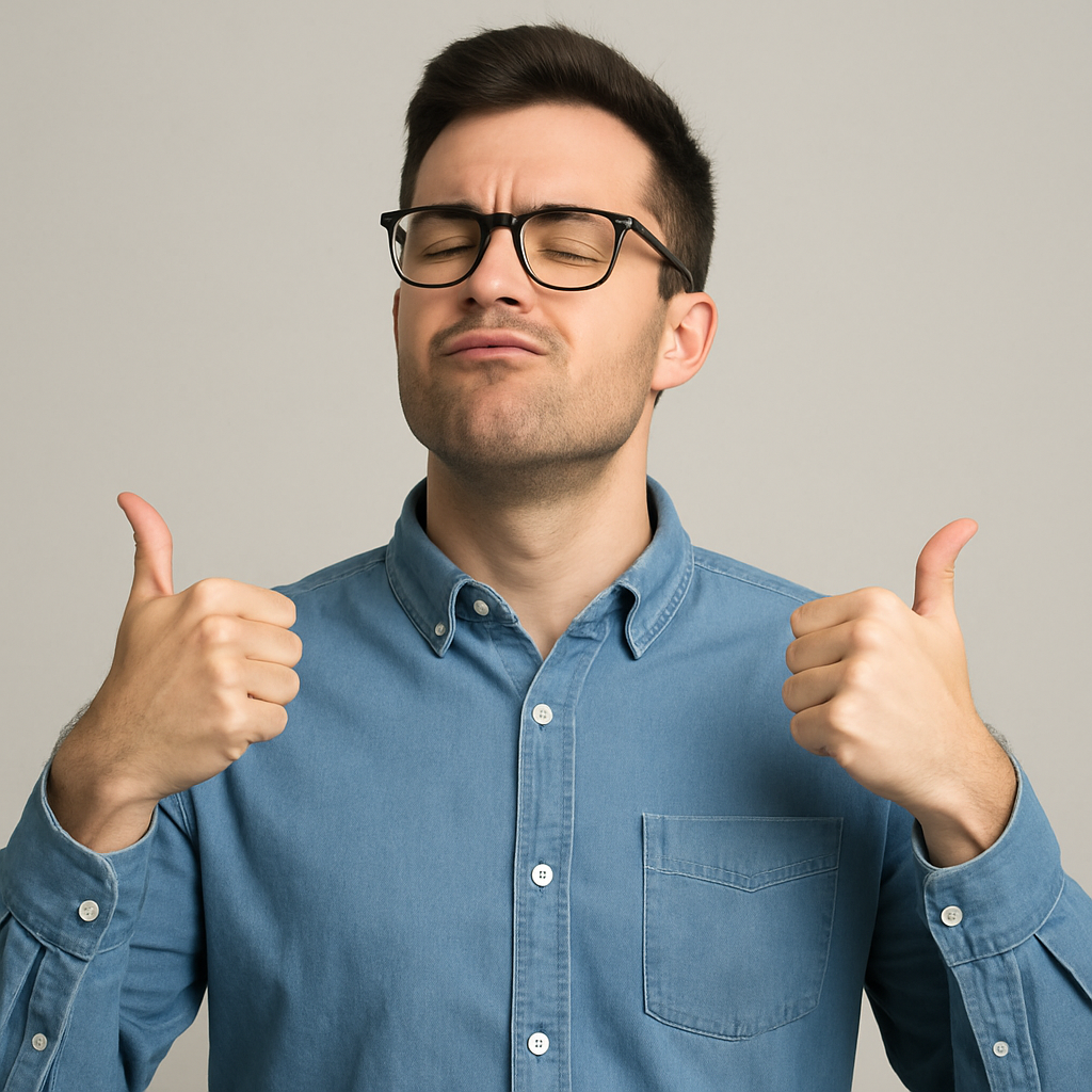 Portrait d’un homme sûr de lui, en chemise en jean et lunettes, affichant un petit sourire confiant avec les mains levées comme pour dire "je suis exceptionnel